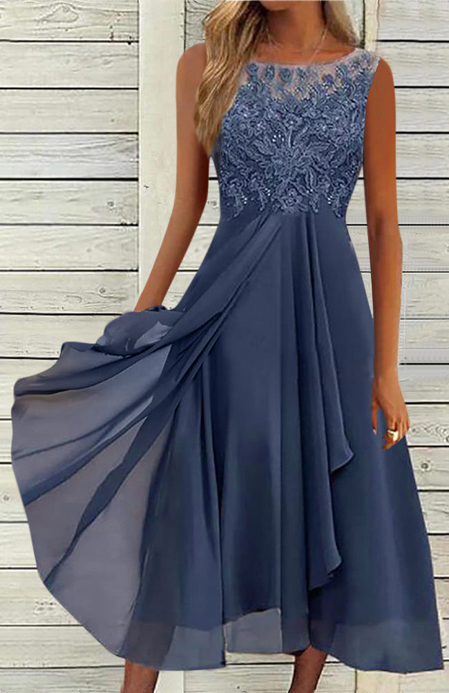 Damen nan ärmelloses Chiffon-Midikleid mit bestickter Illusionsspitze, Schiff-Ausschnitt und mehrlagigem Schwingrock Drune