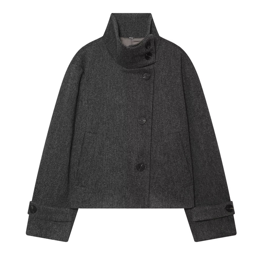 Damen Cropped Wollblouson‑Mantel mit hohem Stehkragen und Knopfblende Drune