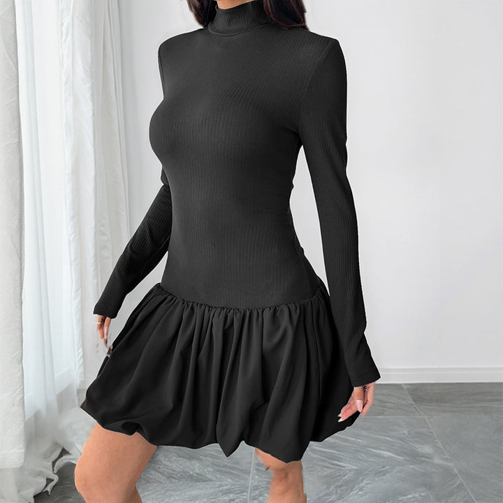 Damen Figurbetontes Minikleid mit Rippenoberteil, Stehkragen und gerafftem Ballonrock Drune