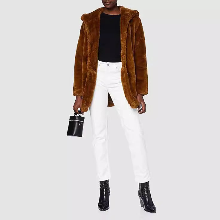 Damen Midilanger Kunstpelzmantel mit Kapuze, Teddy-Finish und verdeckter Knopfleiste Drune