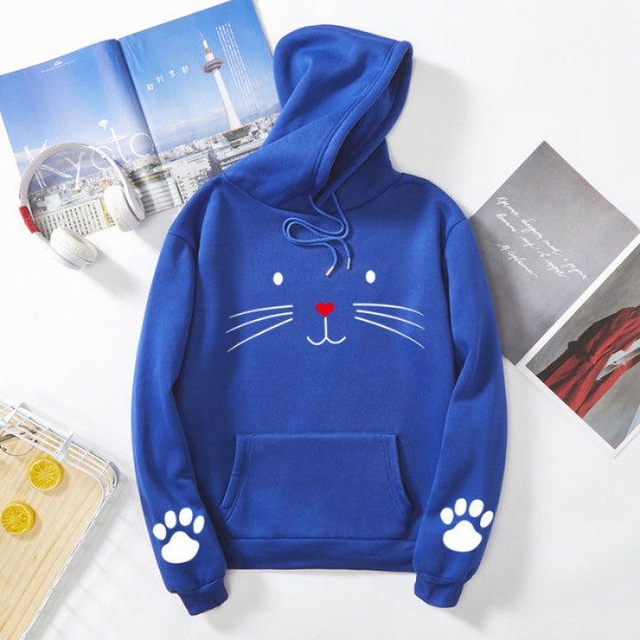 Damen nan Kapuzenpullover mit gedrucktem Katzenmotiv, Kängurutasche und Pfotenapplikationen Drune