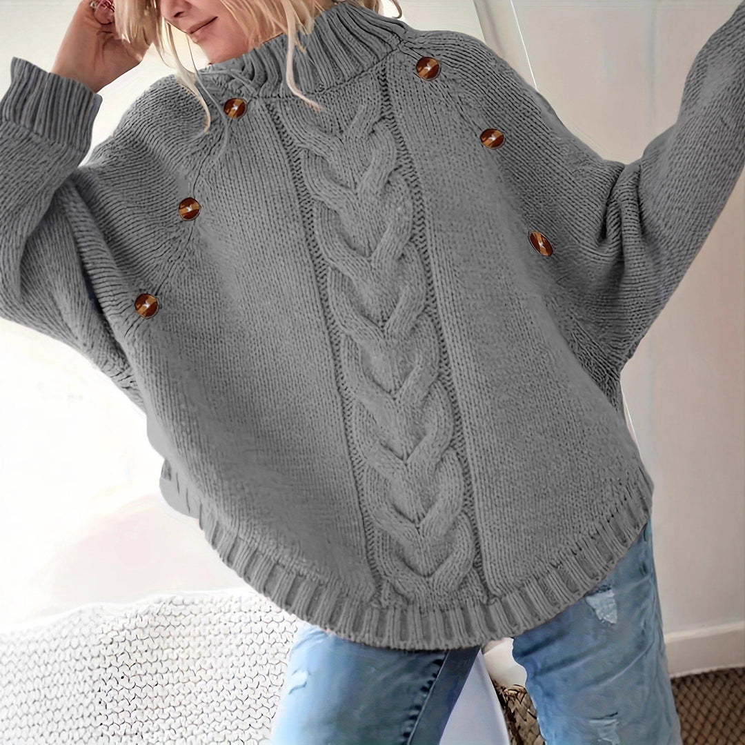 Damen Grober Strickpullover mit hoher Kragenpartie und Knopfdetails Drune