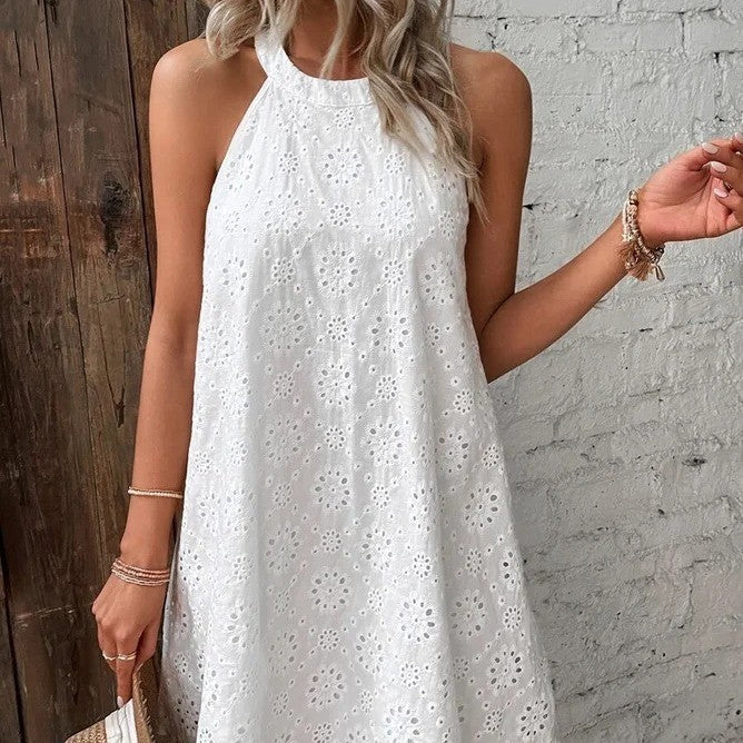 Damen luftiges Sommerkleid mit hohem Hals und femininen Details Drune