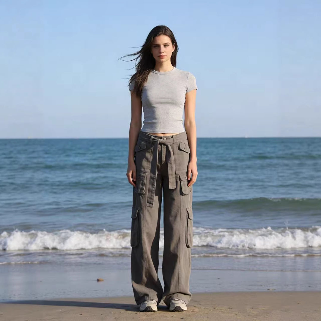 Damen nan weite Cargo-Hose mit hoher Taille, Bindegürtel und mehreren aufgesetzten Klappentaschen Drune