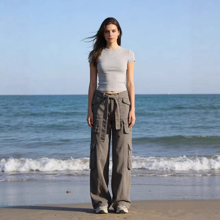 Damen nan weite Cargo-Hose mit hoher Taille, Bindegürtel und mehreren aufgesetzten Klappentaschen Drune
