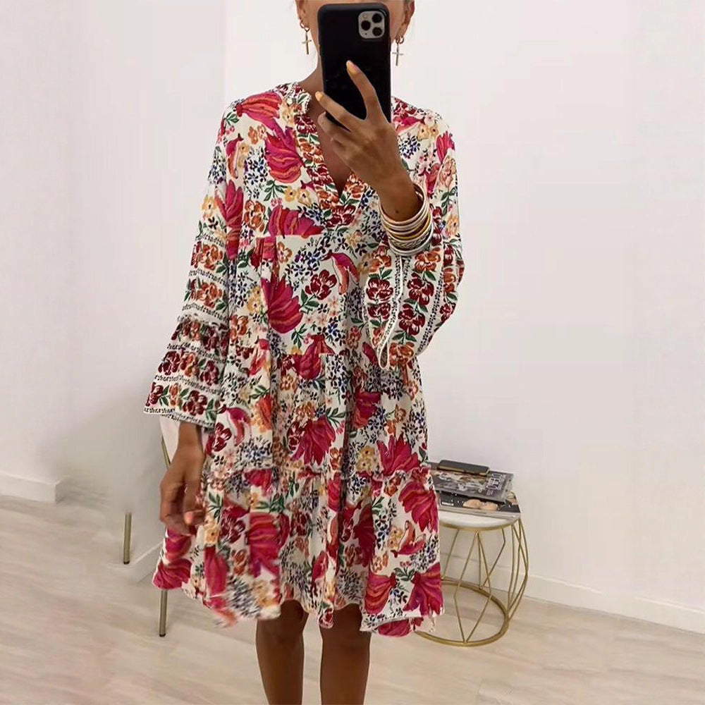 Damen nan florales Volant-Minikleid im Boho‑Stil mit V‑Ausschnitt und stufiger Silhouette Drune