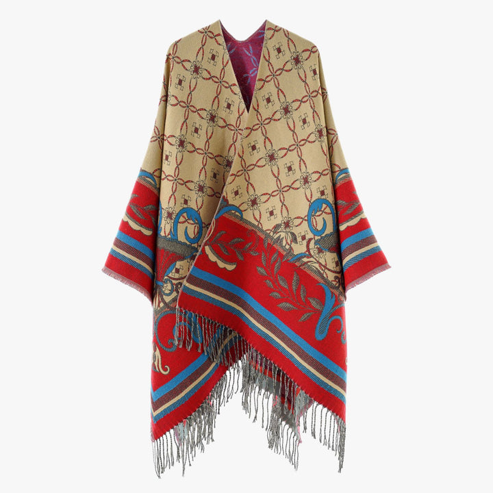 Damen Jacquard-Wendecape mit V-Ausschnitt, floraler Bordüre und Fransensaum Drune