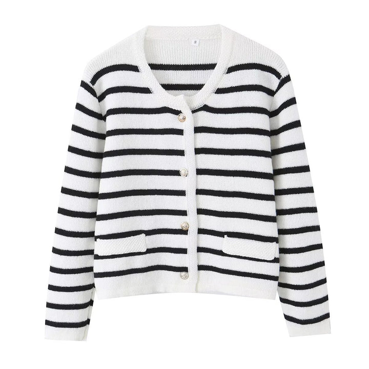 Damen Gestreifte Feinstrick‑Cardigan mit Rundhalsausschnitt, aufgesetzten Taschen und Zierknöpfen Drune