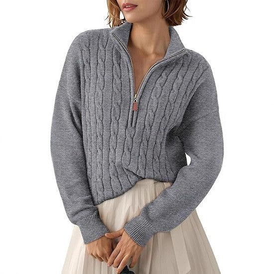 Damen Grobstrick Pullover mit Stehkragen und halbem Reißverschluss Drune