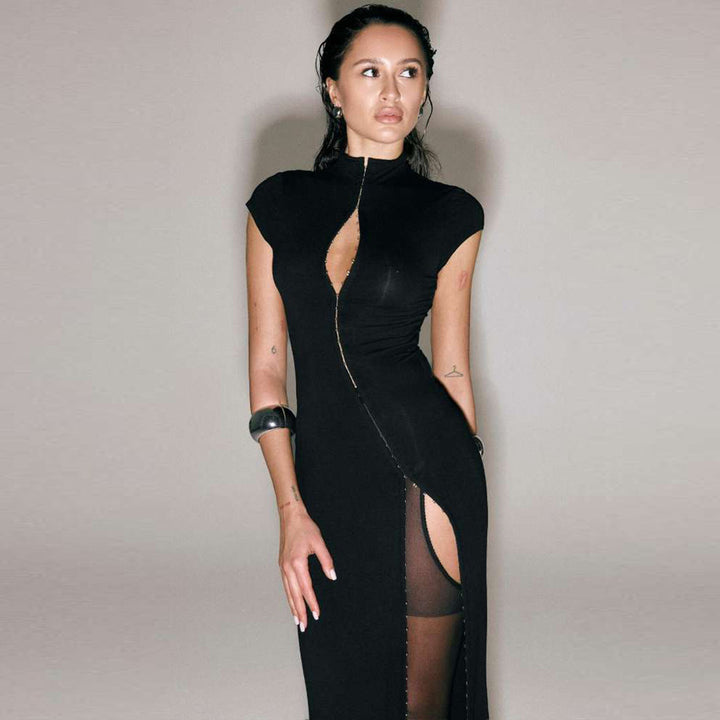 Damen Elegantes Maxikleid mit länglichem Reißverschluss und hohem Schlitz Drune