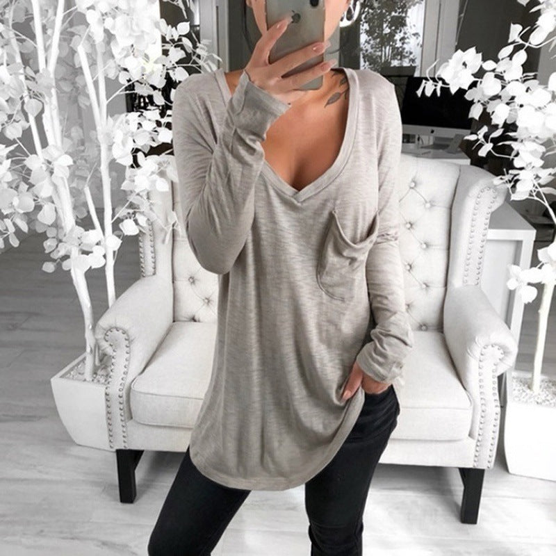 Damen Lässige Oversize Tunika mit V‑Ausschnitt, Brusttasche und verlängertem Saum Drune