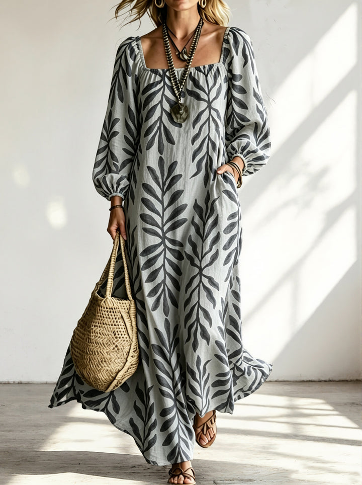 Damen Maxikleid mit quadratischem Ausschnitt, Ballonärmeln und botanischem Print Drune