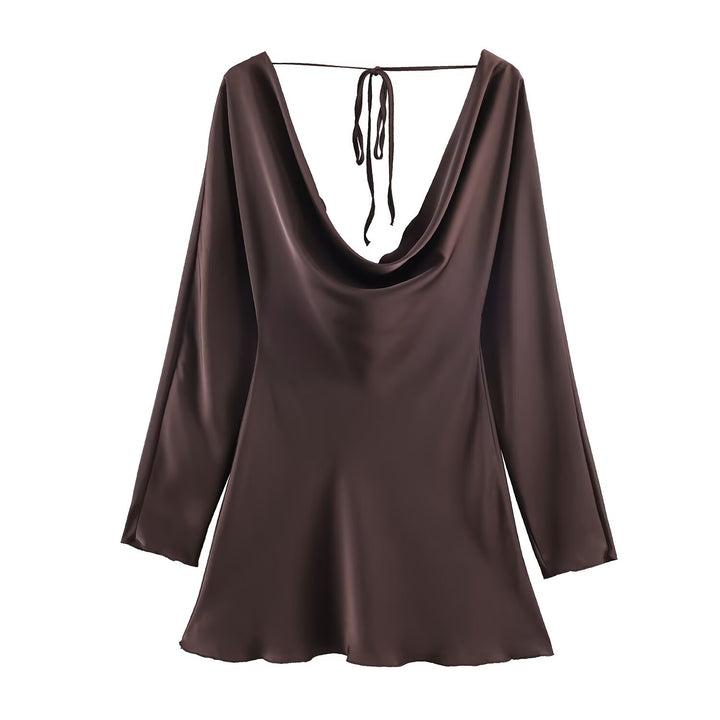 Damen Kurzes Satin-Minikleid mit tiefem Wasserfall‑Rücken, V‑Ausschnitt vorne und langen Ärmeln Drune