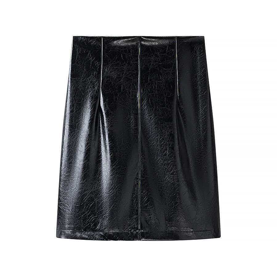 Damen Langer Lackleder-Blazer mit taillierter Silhouette, tiefem V‑Ausschnitt und Zierknöpfen Drune