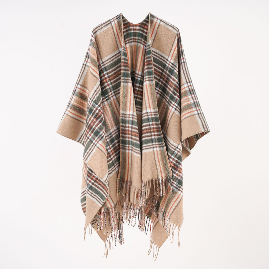 Damen Oversize-Wickelruana im Blockkaro mit Fransen-Detail Drune