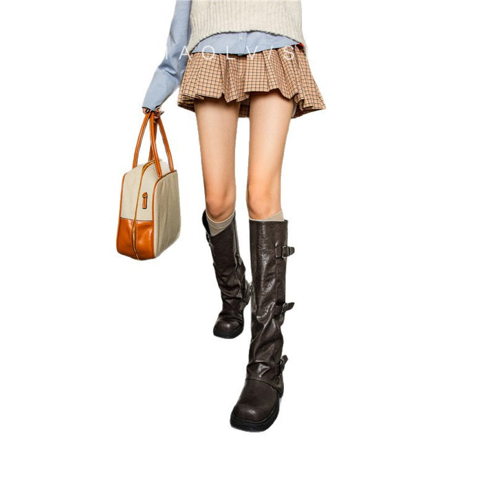 Damen kniehohe Slouch-Boots aus Kunstleder mit verstellbaren Schnallen und profiliertem Plateau-Absatz Drune