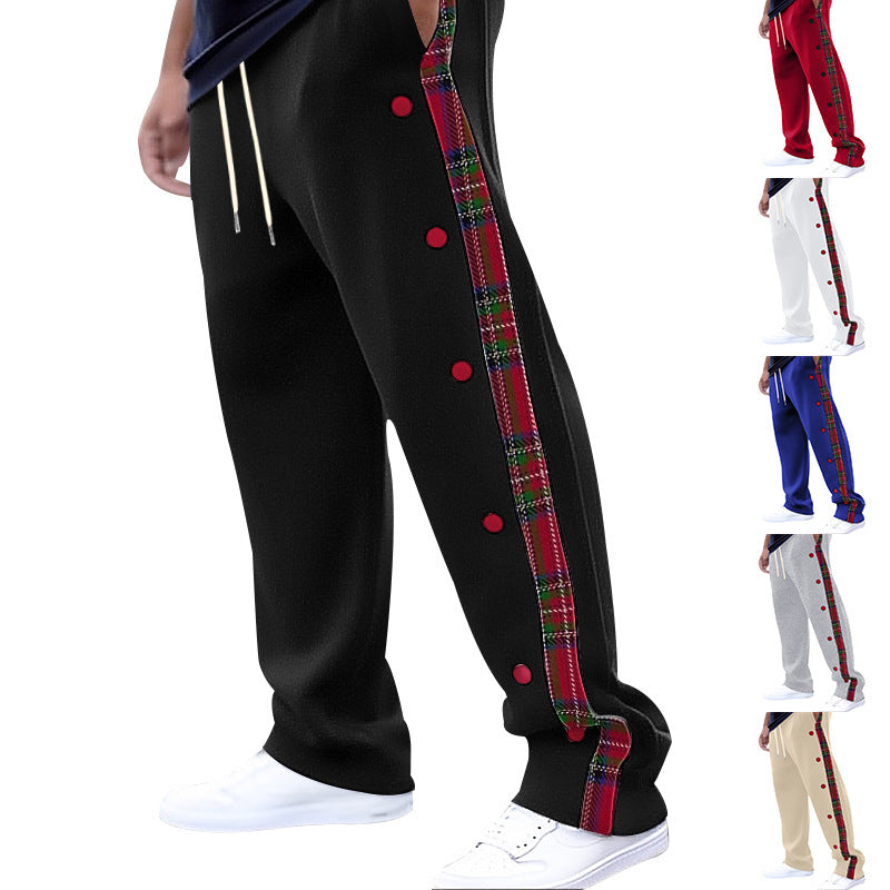 Herren lockere Jogginghose mit seitlichem Karostreifen und Druckknopfleiste Drune