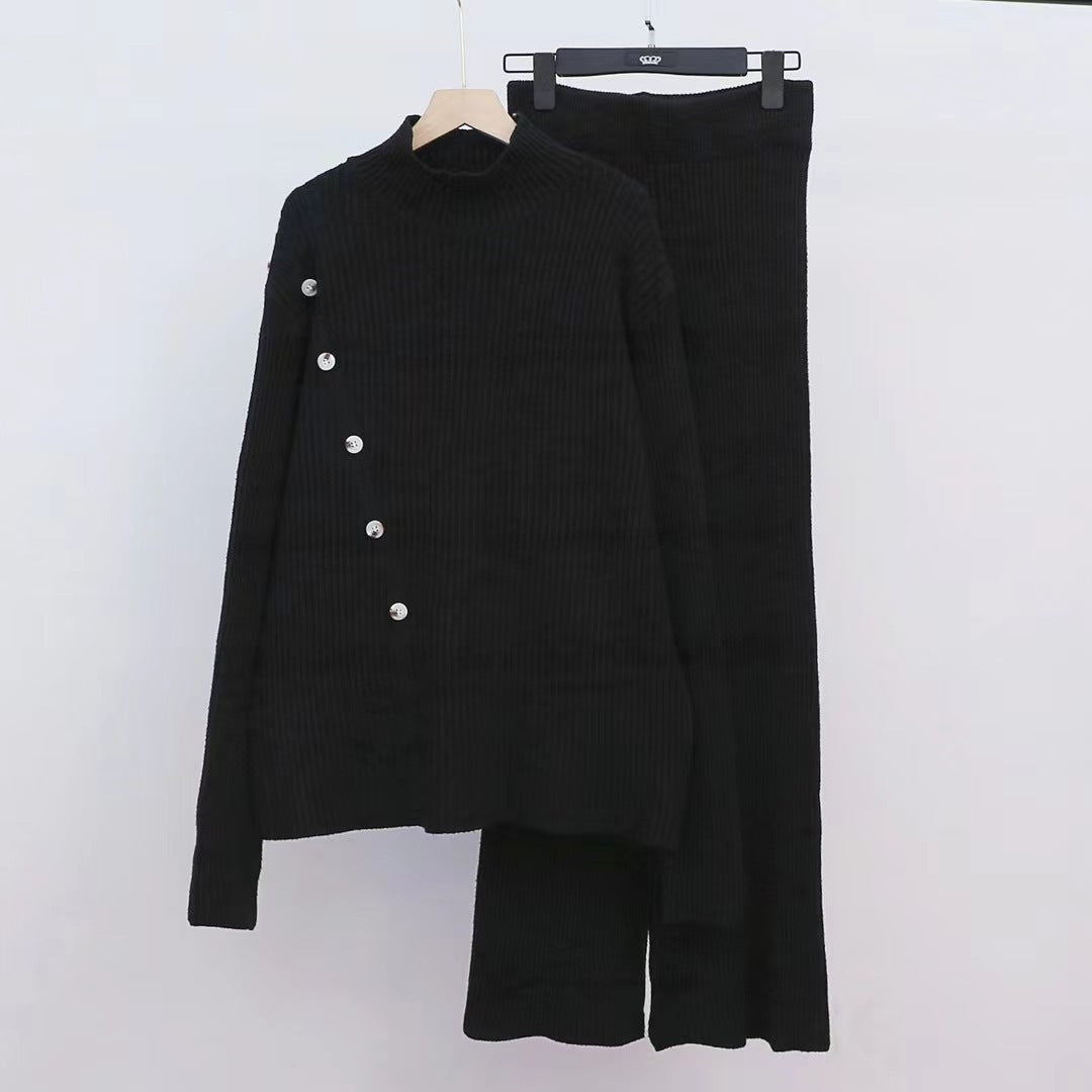 Damen Strickensemble mit hohem Kragen und eleganten Knopfdetails Drune