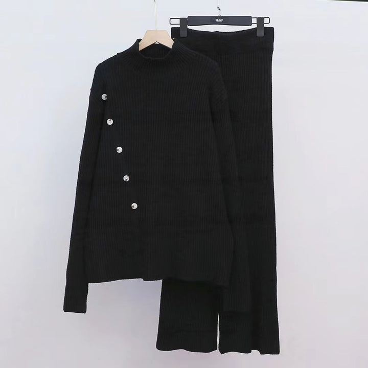 Damen Strickensemble mit hohem Kragen und eleganten Knopfdetails Drune