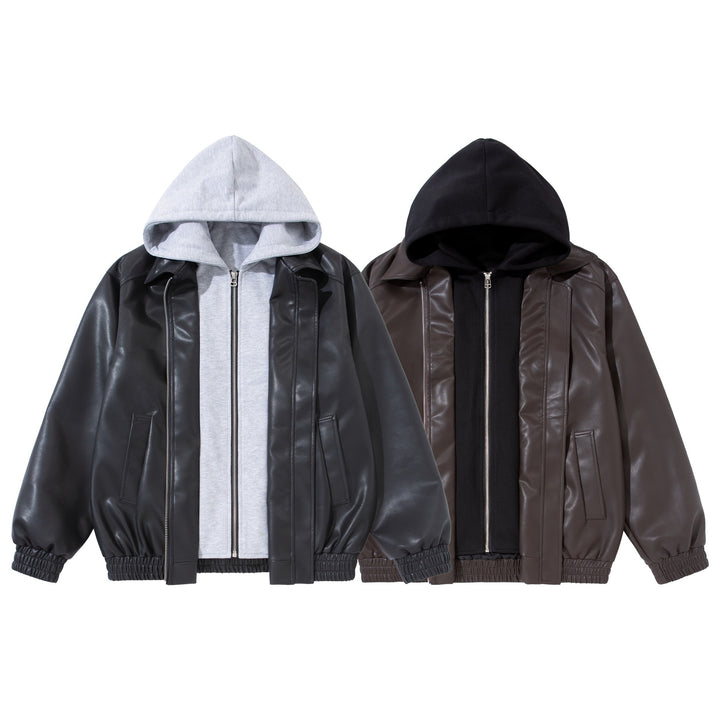 Herren Boxy-Lederblouson mit angenähter Jersey-Kapuze und geripptem Saum Drune