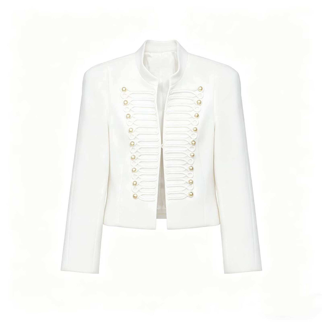 Damen Cropped Blazer im Husarenstil mit Stehkragen, Zierkordeln und Messingknöpfen Drune
