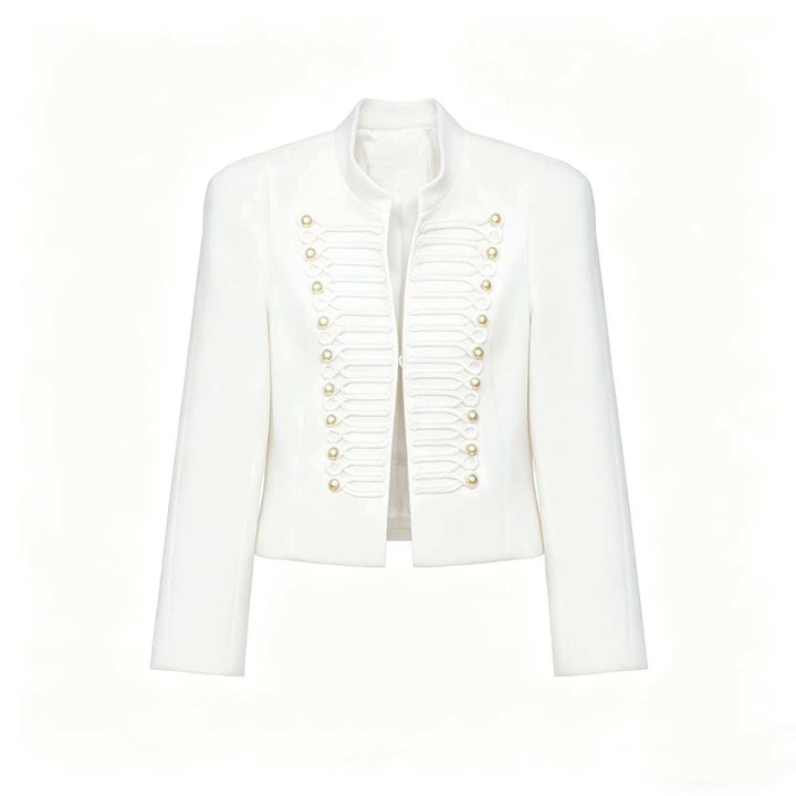 Damen Cropped Blazer im Husarenstil mit Stehkragen, Zierkordeln und Messingknöpfen Drune