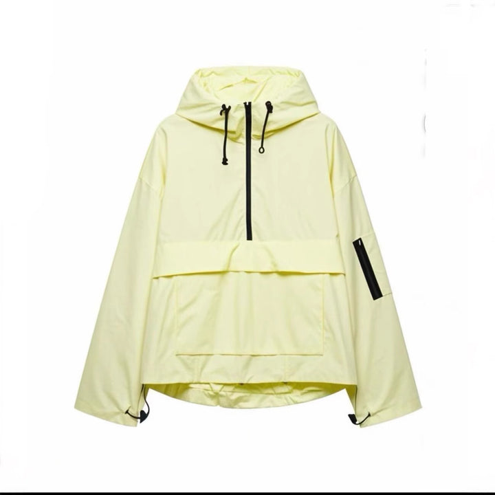 Damen Oversize Windbreaker-Anorak mit Kapuze, Halb-Reißverschluss und Kängurutasche Drune