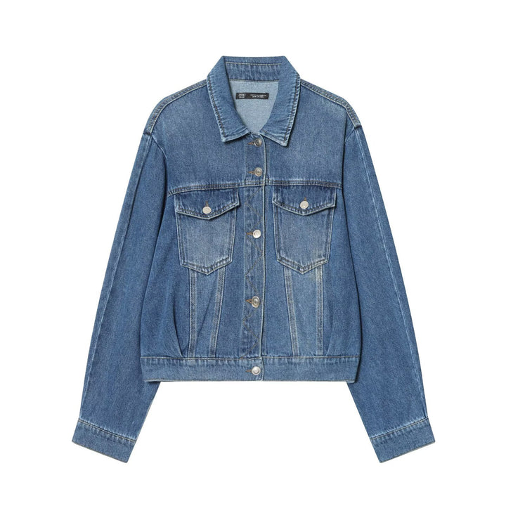 Damen Kurz geschnittene Oversize-Jeansjacke mit Pattentaschen Drune