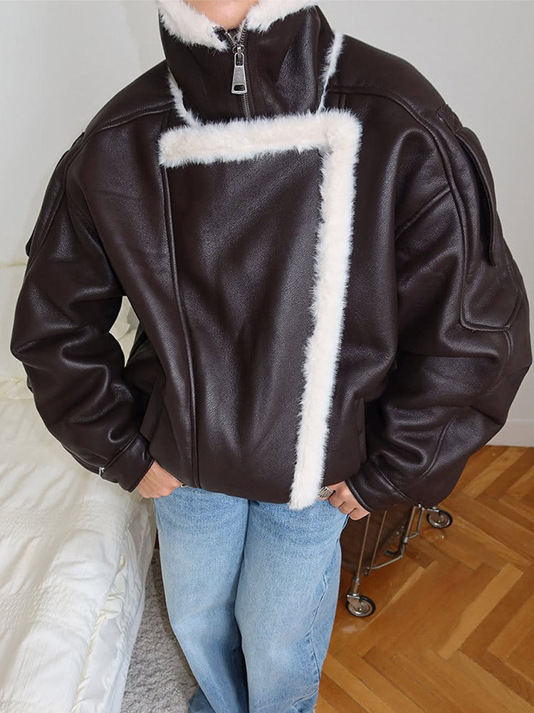 Damen Oversize Fliegerjacke aus Lederimitat mit asymmetrischer Kunstfell-Borte Drune