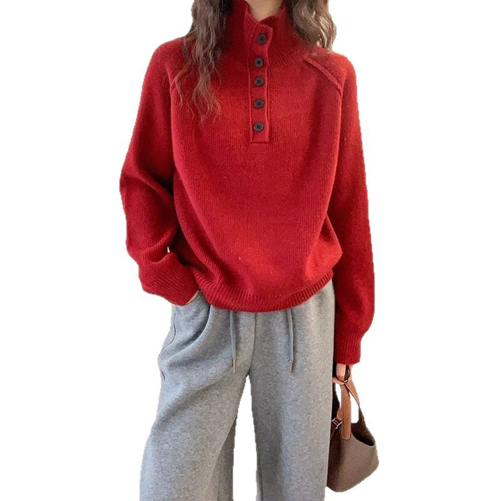 Damen lässiger Strickpullover mit Knopfleiste und kurzem Kragen Drune