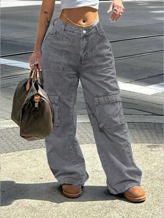 Damen Cargo-Jeanshose im weiten Baggy‑Cut mit hoher Taille und Utility‑Taschen Drune