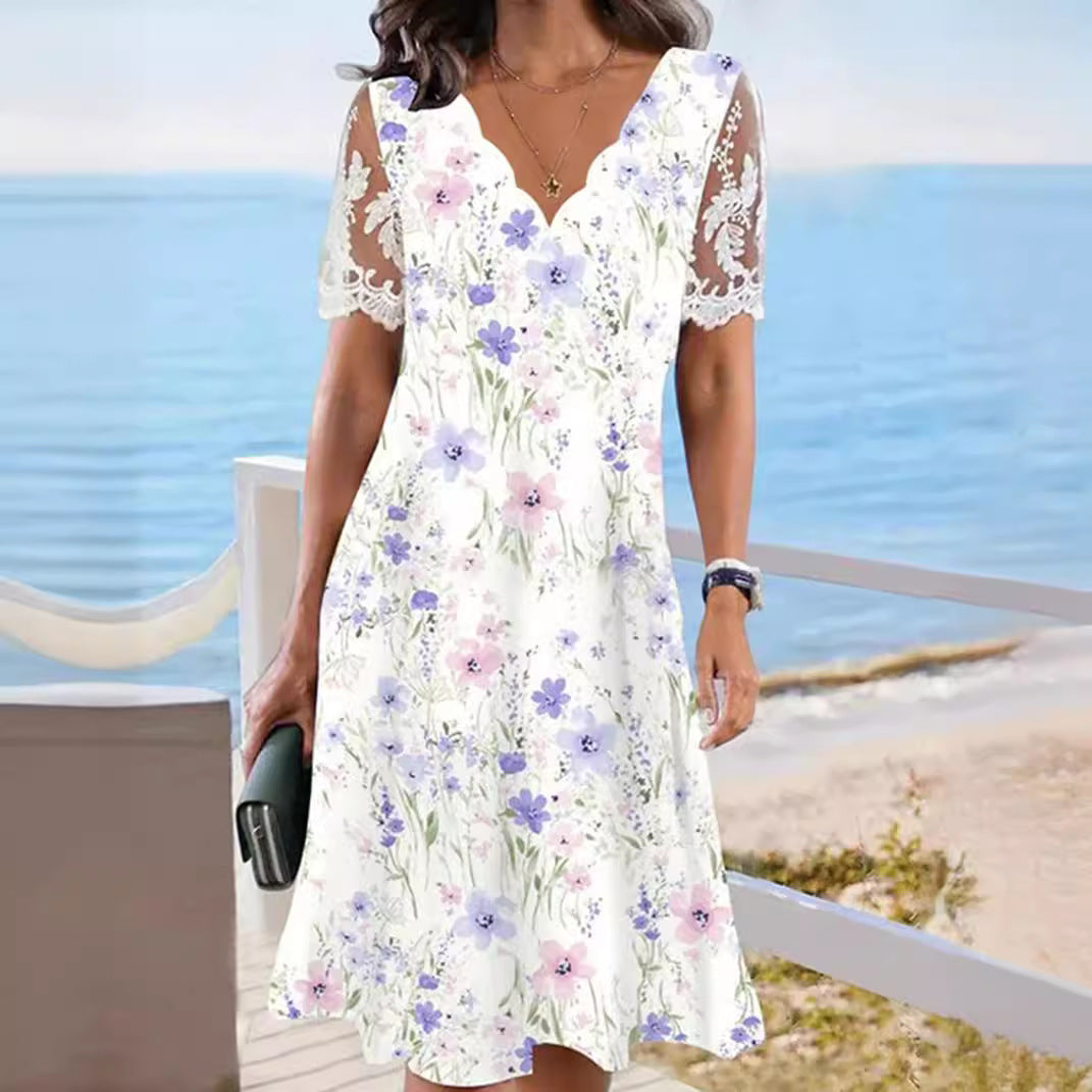 Damen nan fließendes Midi-Strandkleid mit gewelltem V-Ausschnitt und transparenten Spitzenärmeln Drune
