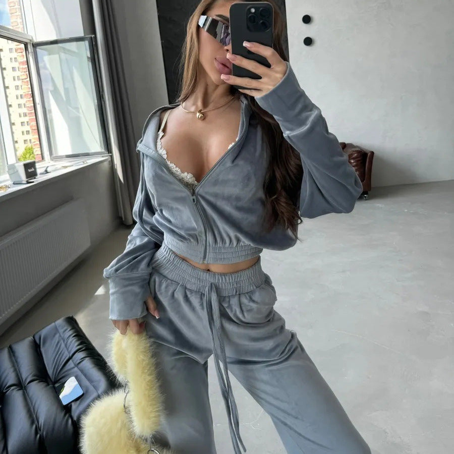 Damen luxuriöser Samt Zweiteiler Jogginganzug mit Cropped Reißverschluss und weiten Hosen Drune