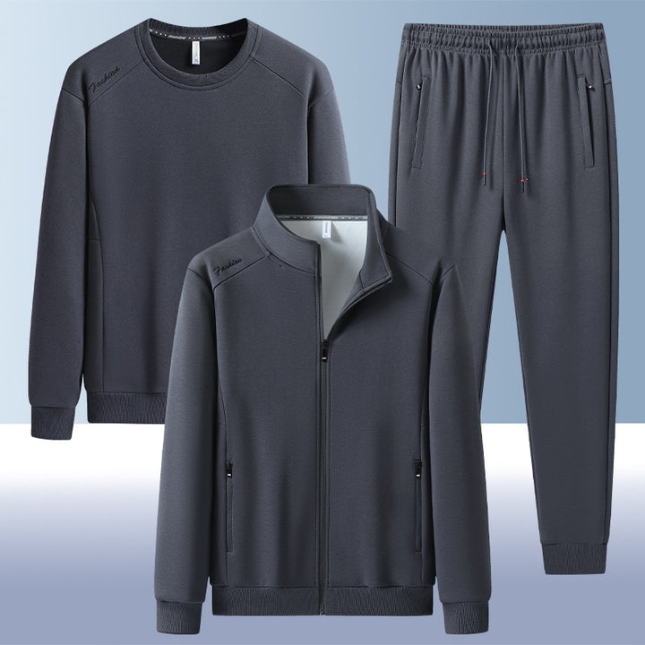 [Herren] Zweiteiliges Trainingsset mit Stehkragen-Zipjacke, Rundhals‑Sweatshirt und konisch geschnittener Jogginghose aus atmungsaktivem Fleece Drune