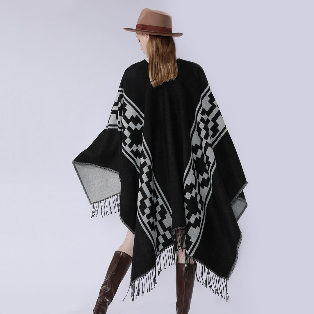 Damen Oversize-Cape mit geometrischem Jacquard, Fransensaum und Wendefunktion Drune