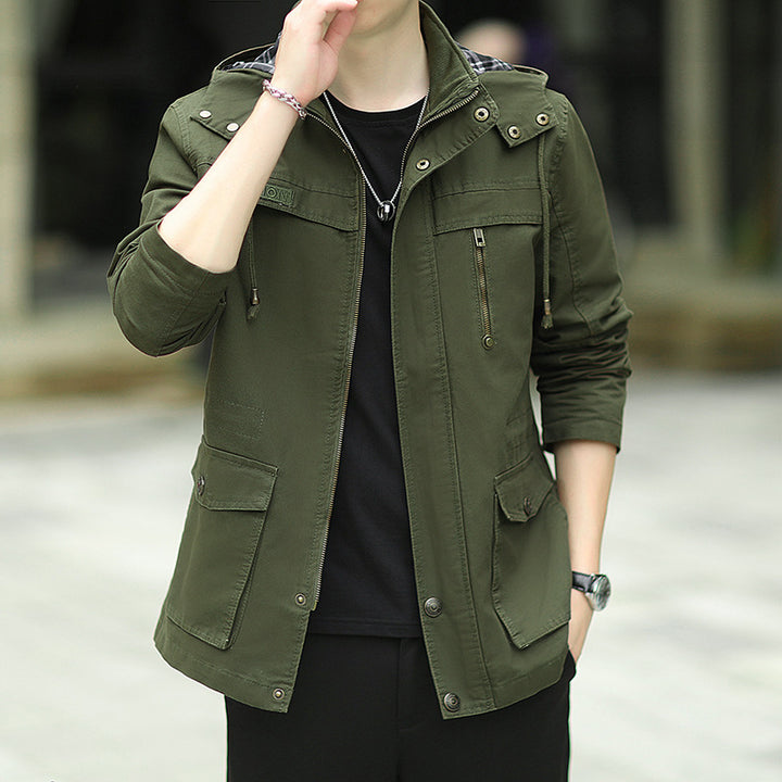 Herren Leichte Fieldjacke mit Kapuze, Multifunktionstaschen und verdecktem Reißverschluss Drune