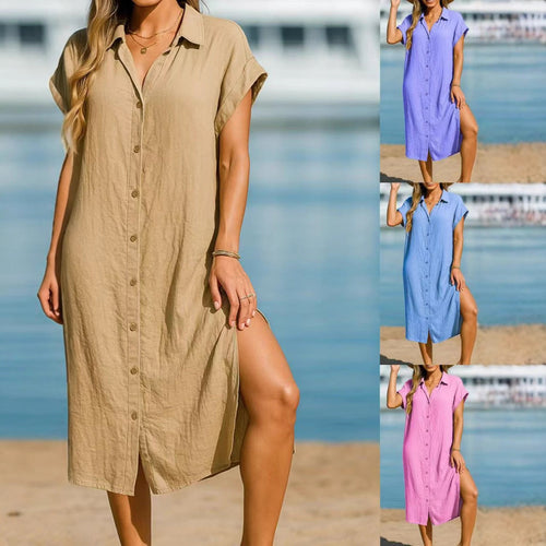 Damen lässiges Kurzarmhemdkleid mit Knopfleiste und seitlichen Schlitzen Drune