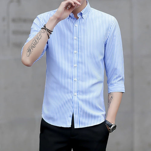 Herren Gestreiftes Button-Down-Hemd mit Kentkragen und Dreiviertelärmeln in tailliertem Casual-Schnitt Drune