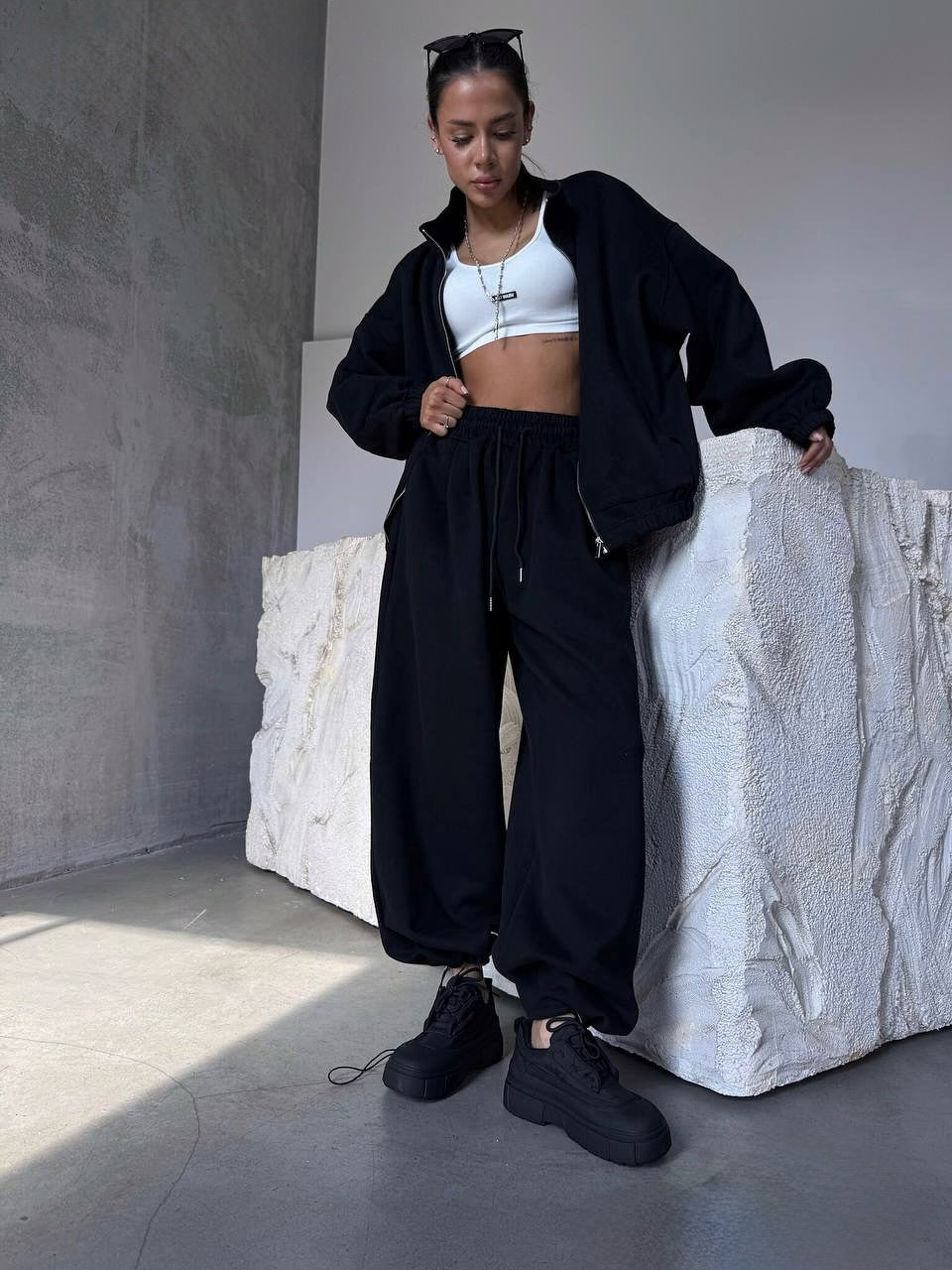 Damen oversized Sweatset mit Reißverschlussjacke und weiten Jogginghose Drune