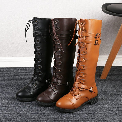 Damen nan kniehohe Schnürstiefel im Militär-Vintage Stil mit dekorativen Riemen und verstellbaren Schnallen Drune