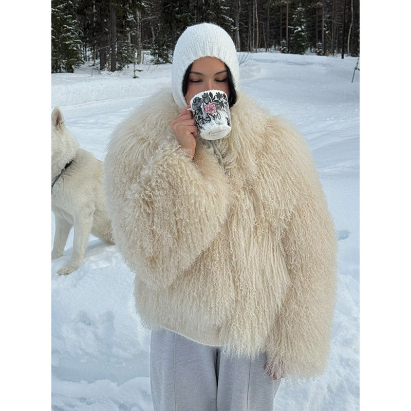 Damen Kuschelige Kurzjacke im Lammfell‑Look mit lockiger Long‑Pile‑Struktur Drune
