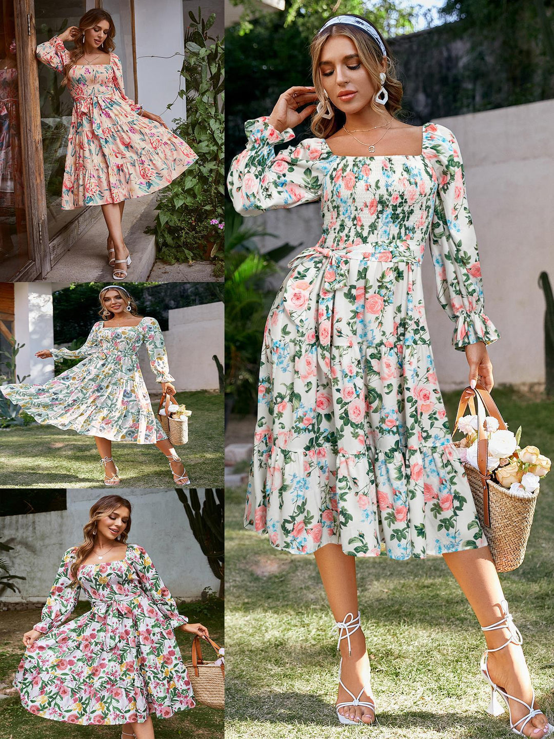 Damen Off-Shoulder Maxikleid mit floralem Print und Rüschendetails Drune