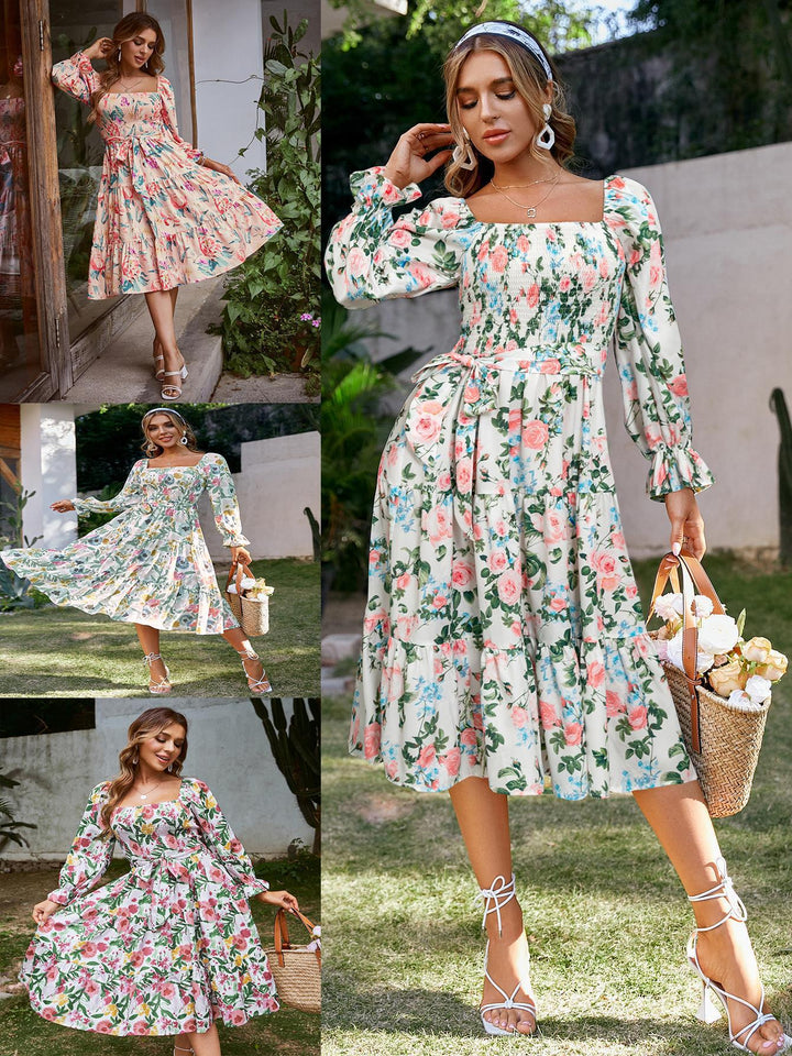 Damen Off-Shoulder Maxikleid mit floralem Print und Rüschendetails Drune