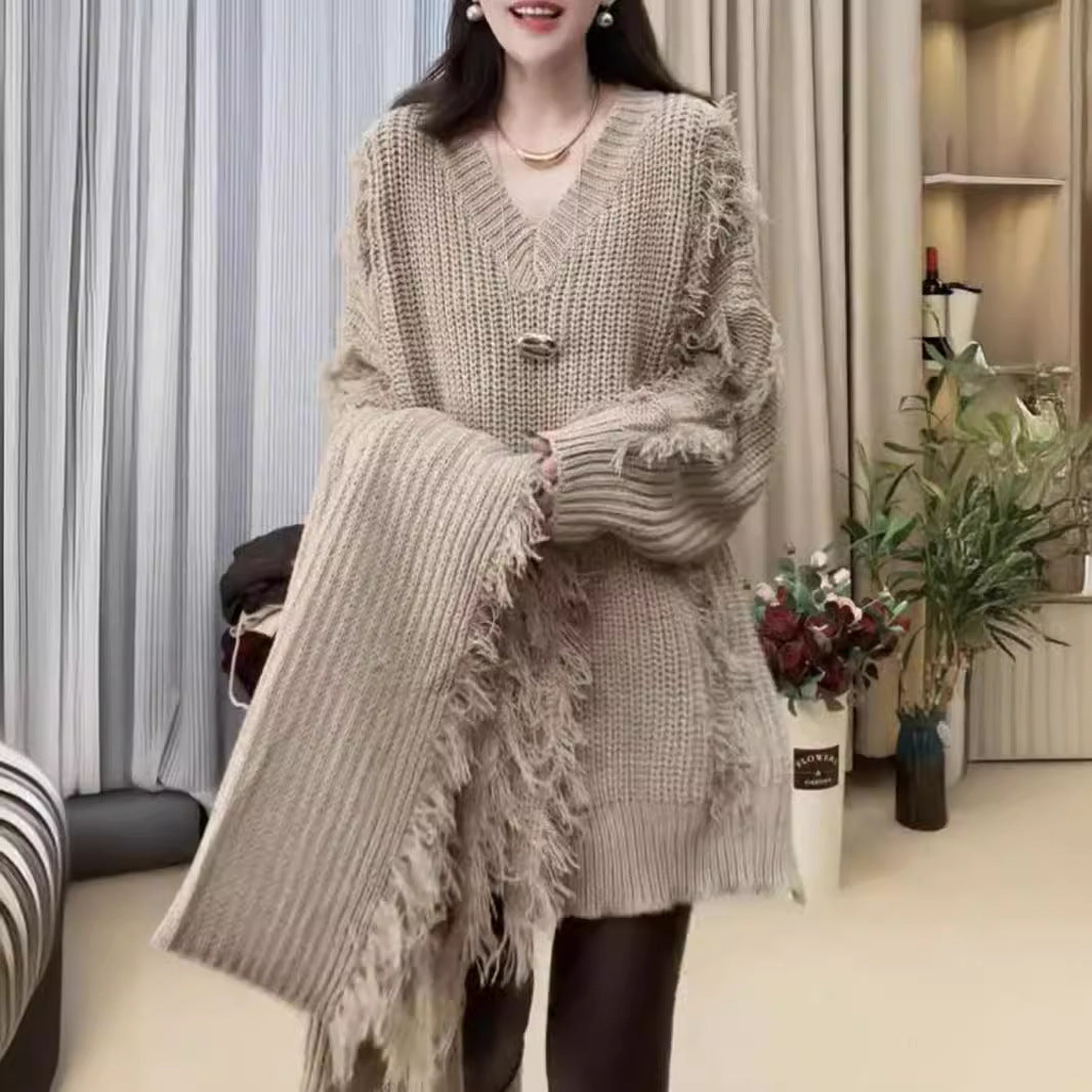 Damen Oversized Strickpullover mit Fransen und V-Ausschnitt Drune