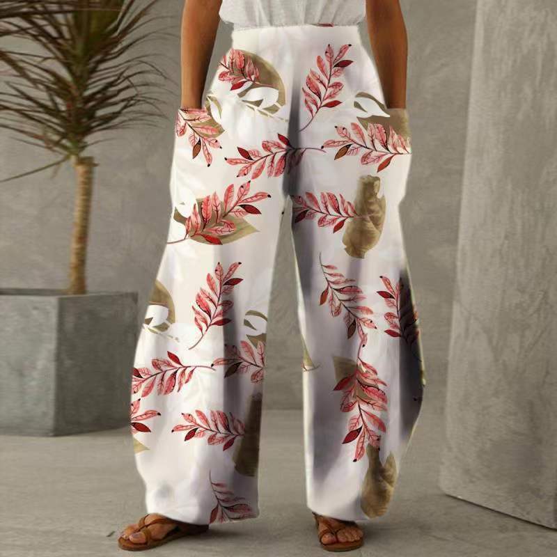 Damen Weite Blumen-Hosen mit Taschen und elastischem Bund Drune