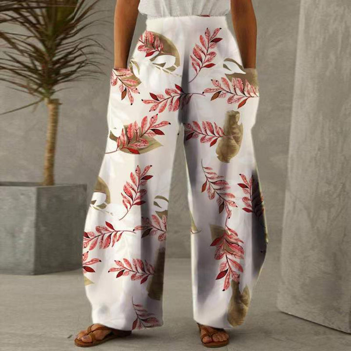 Damen Weite Blumen-Hosen mit Taschen und elastischem Bund Drune