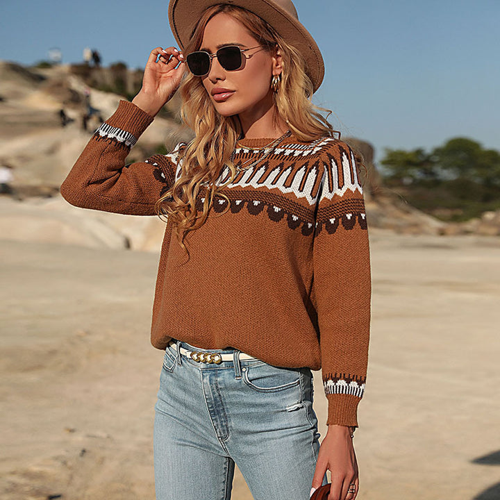 Damen Strickpullover mit Norwegermuster und Rundhalsausschnitt Drune