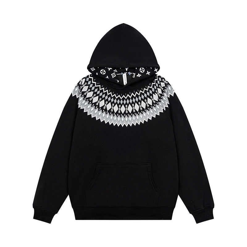 Unisex Oversize Kapuzenpullover mit nordischem Rundpasse-Jacquard, Kängurutasche und Rippbündchen Drune