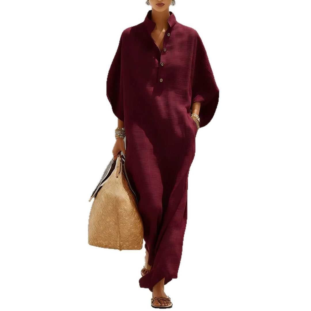 Damen Weites Kaftan-Midikleid mit Stehkragen und 3-Knopf-Blende Drune
