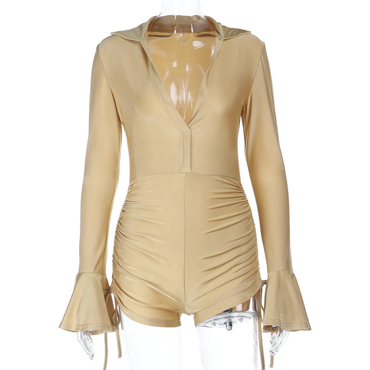 Damen eleganter Bodysuit mit lässigem Kragen und Raffung Drune